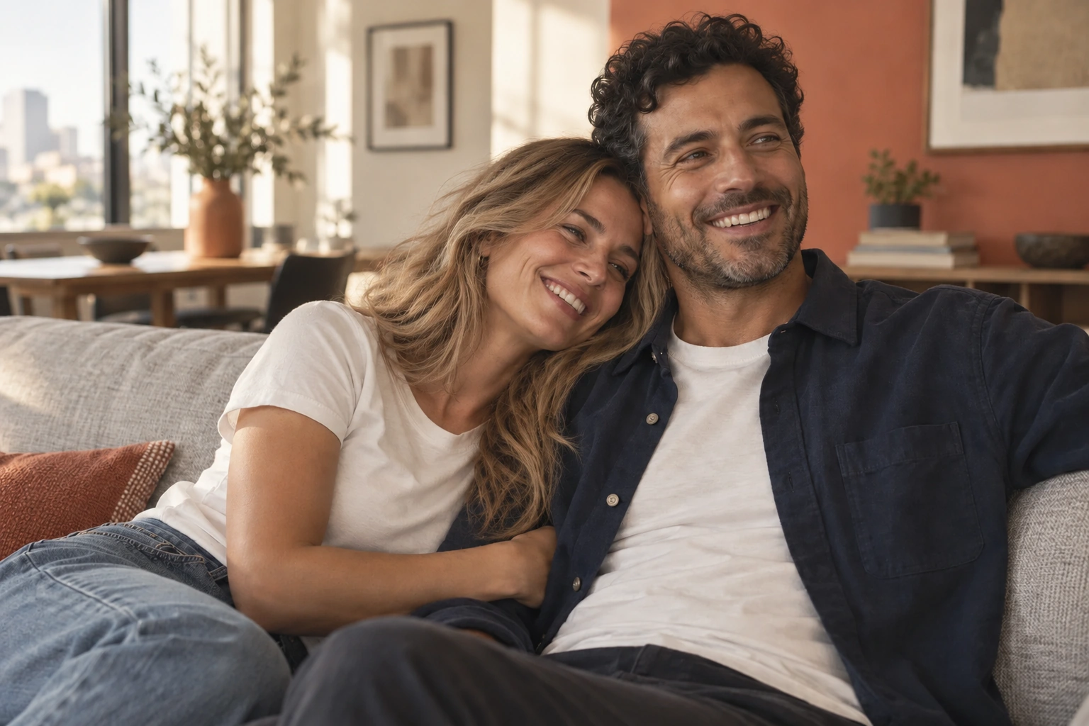 A couple sharing a relaxed moment on a sofa